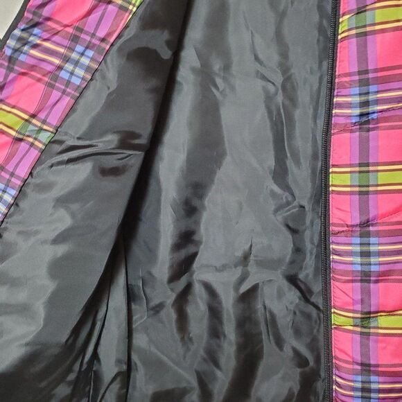 Caribbean Joe Petite Retro Rainbow Plaid Funky Colorful Women's Neon Puffer Vest - Picture 4 of 7